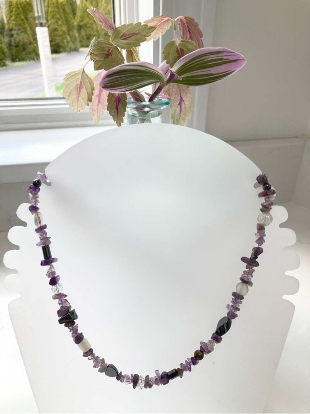 Amethyst Chips Necklace with hematite & quartz beads and a sterling silver clasp